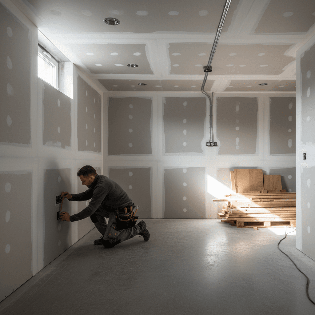 Finished basement conversion with new drywall and recessed lighting