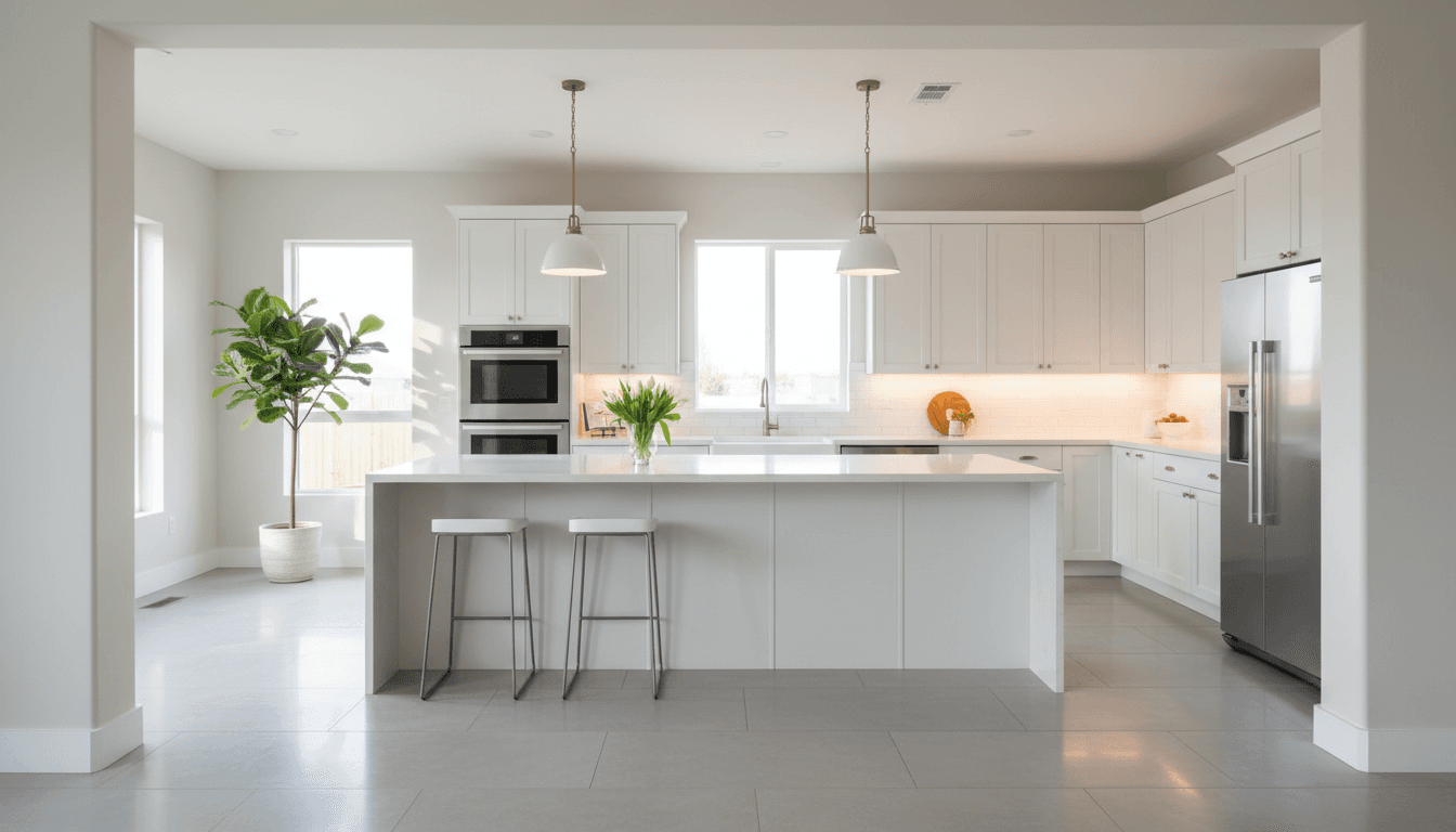 Completed modern kitchen renovation with white cabinetry, quartz island, and stainless steel appliances in bright natural light