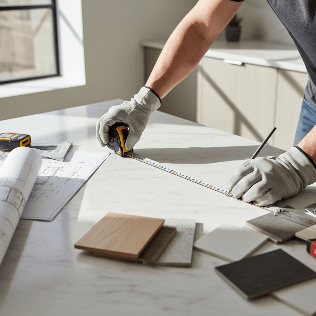 Contractor's hands measuring kitchen countertop with tape measure during renovation planning, with blueprints and material samples