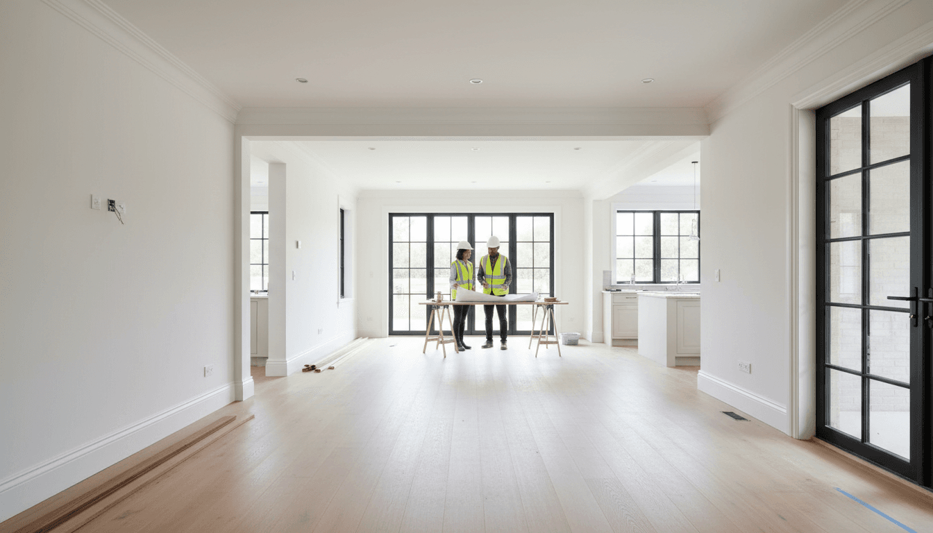 Spacious residential interior renovation showing open-concept design with natural light, newly finished walls, and professional construction team