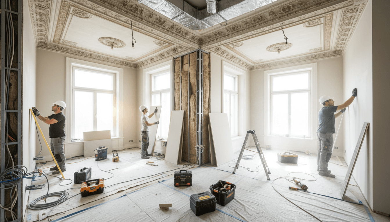 Multiple construction workers executing renovations including electrical, insulation, and wall finishing in residential property