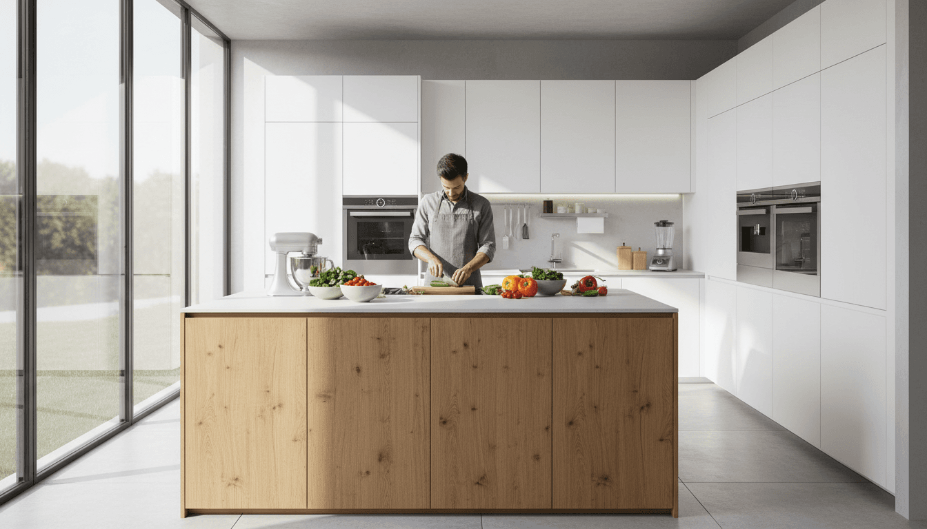 Modern home kitchen with premium stainless steel appliances, natural light, organized workspace with home cook preparing meals