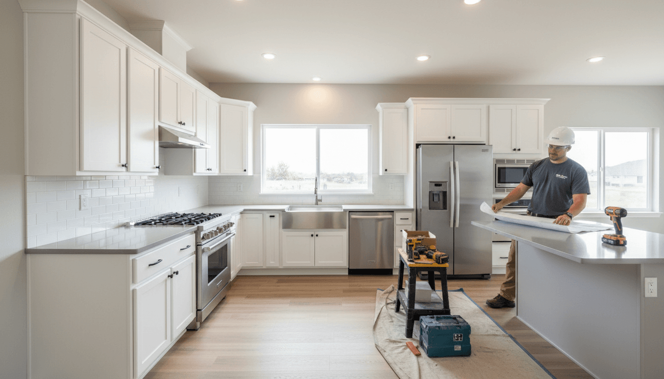 Complete kitchen renovation with white cabinetry, quartz countertops, stainless appliances, and new flooring installation, professional worksite